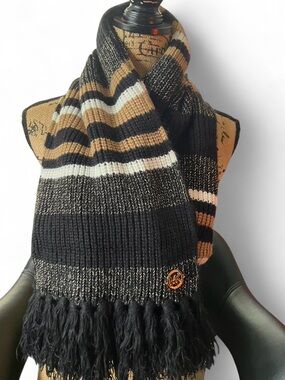Michael Kors Black Tan White Striped Knit Fringe Scarf